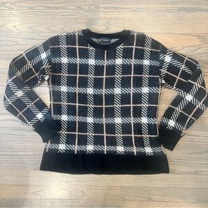 100% Cashmere Sweater C by Bloomingdale’s Black Tan Plaid Jaquard Crewneck XS